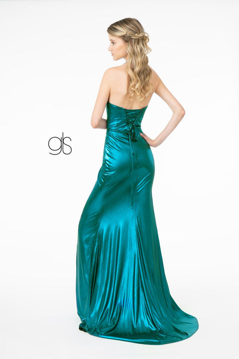 Elizabeth K GL2894's Strapless Faux Wrap Metallic Dress