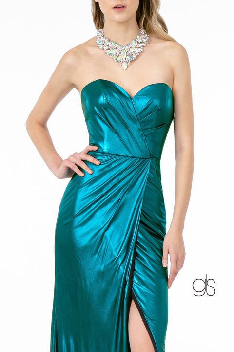 Elizabeth K GL2894's Strapless Faux Wrap Metallic Dress