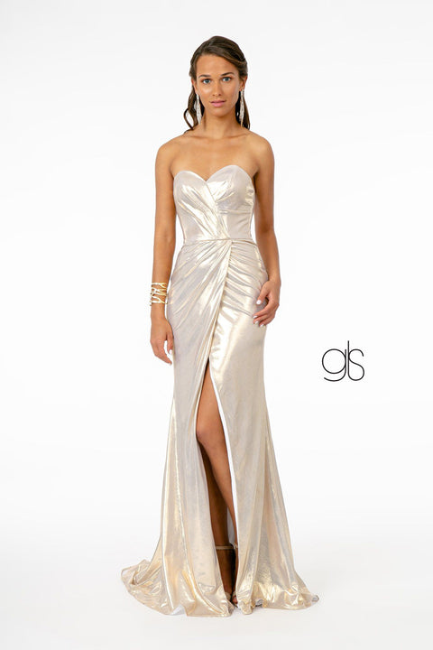 Elizabeth K GL2894's Strapless Faux Wrap Metallic Dress