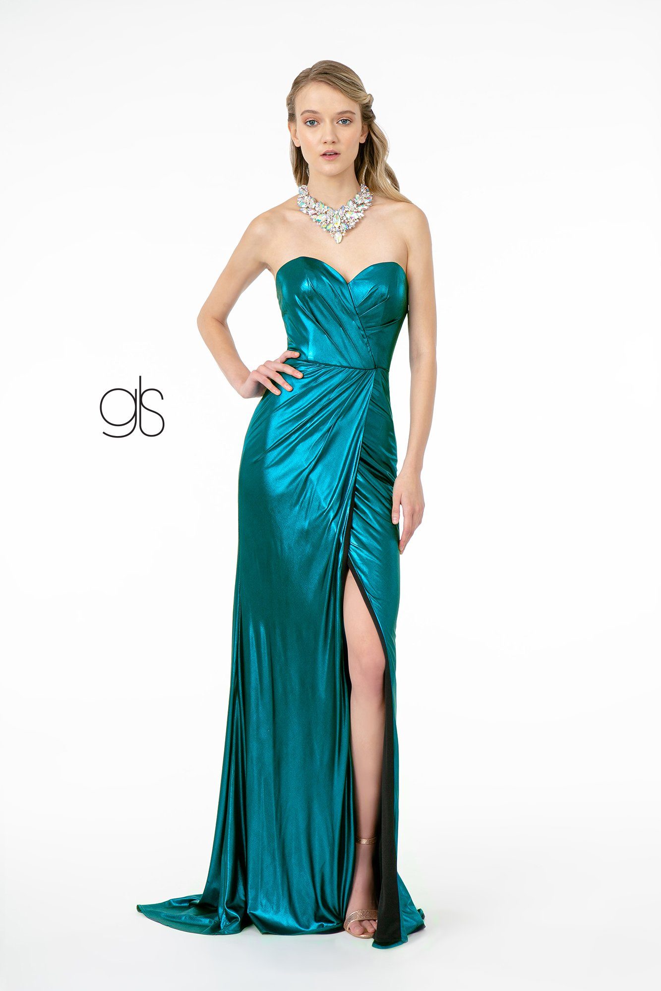 knee length dresses for ladies Elizabeth K GL2894's Strapless Faux Wrap Metallic Dress– sheerdreamz