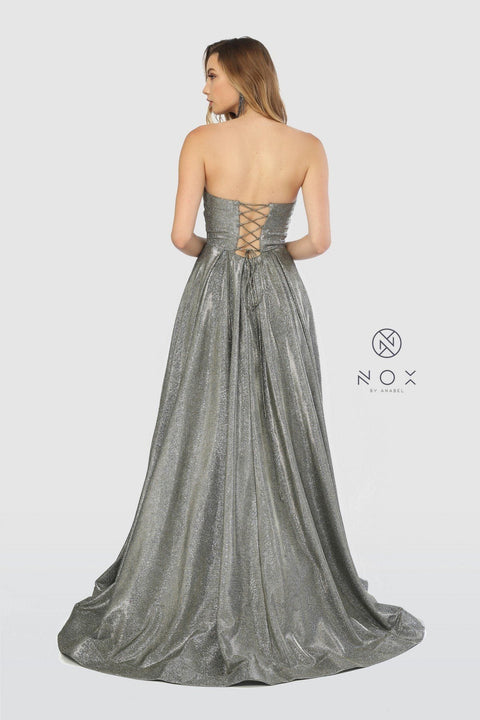Long Glitter Strapless Dress with Corset Back by Nox Anabel T258