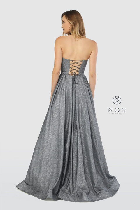 Long Glitter Strapless Dress with Corset Back by Nox Anabel T258