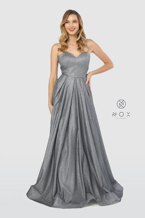 Long Glitter Strapless Dress with Corset Back by Nox Anabel T258