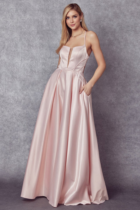 Long Satin Strappy Back Dress by Juliet 687