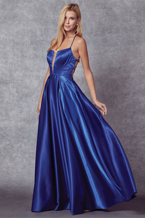 Long Strappy Back Satin Dress by Juliet 687