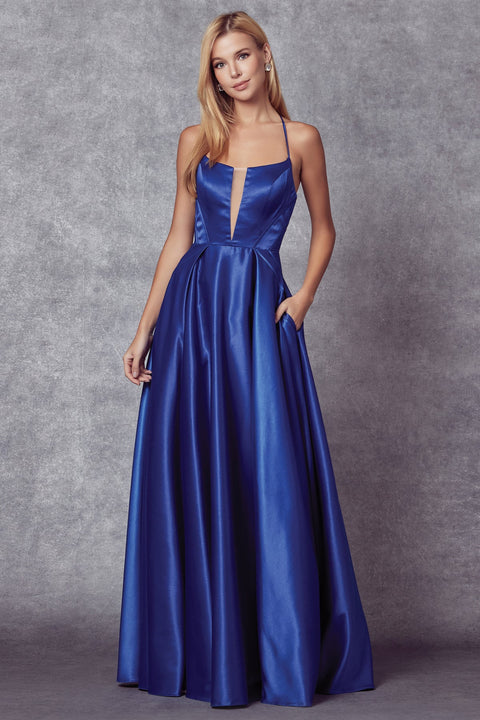 Long Satin Strappy Back Dress by Juliet 687