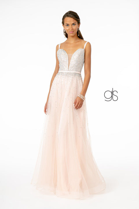 Elizabeth K GL2892's Long Dress with Sweetheart Neckline and Beaded Bodice