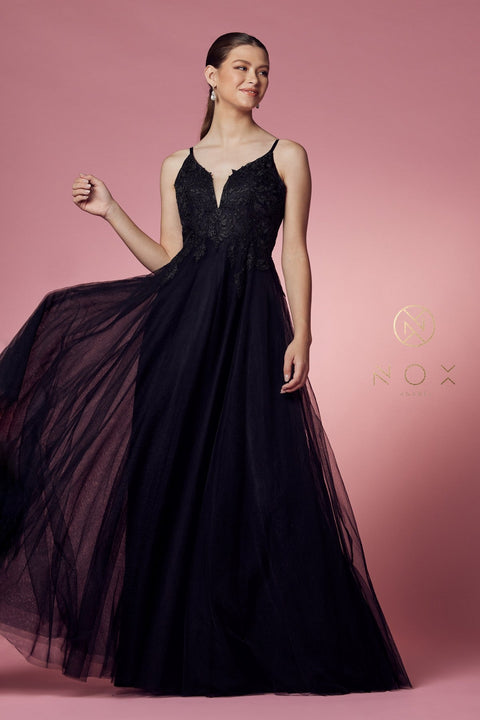 Tulle Embroidered Long Bodice Dress by Nox Anabel R357