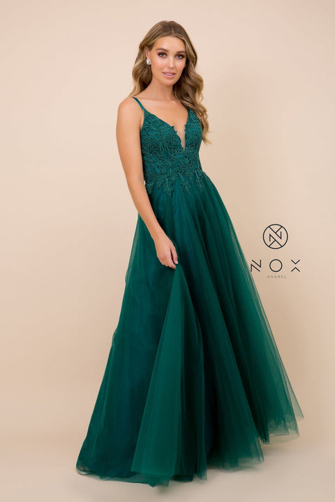 Tulle Embroidered Long Bodice Dress by Nox Anabel R357
