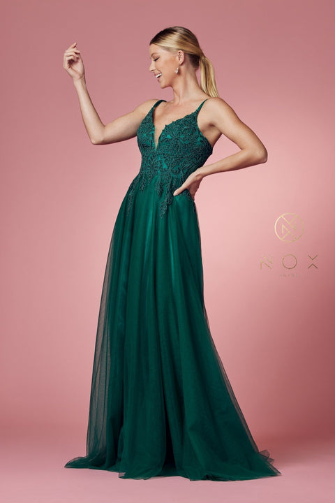 Tulle Embroidered Long Bodice Dress by Nox Anabel R357