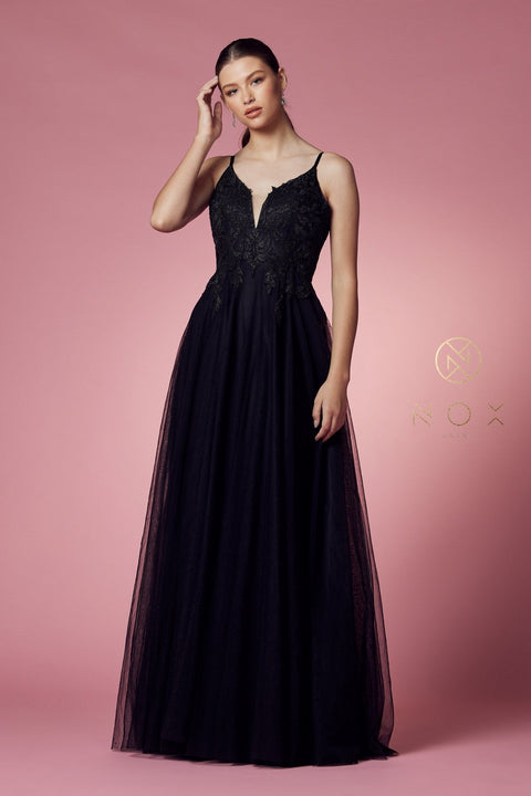 Tulle Embroidered Long Bodice Dress by Nox Anabel R357