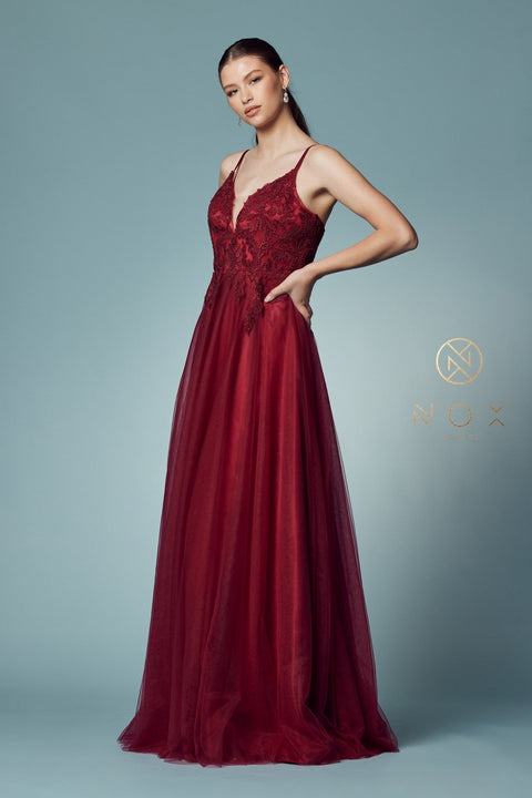 Tulle Embroidered Long Bodice Dress by Nox Anabel R357