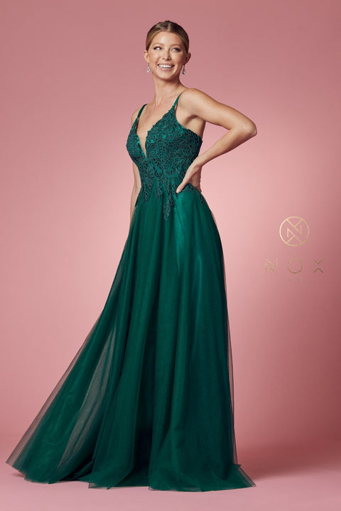 Tulle Embroidered Long Bodice Dress by Nox Anabel R357