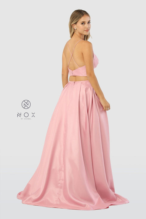 Two-Piece Long Satin Dress with Pockets by Nox Anabel E161