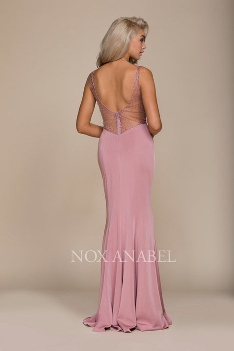 Long V-Neck Illusion Dress with Beads Back by Nox Anabel C001