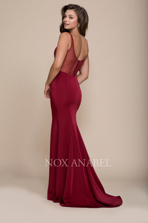 Long V-Neck Illusion Dress with Beads Back by Nox Anabel C001