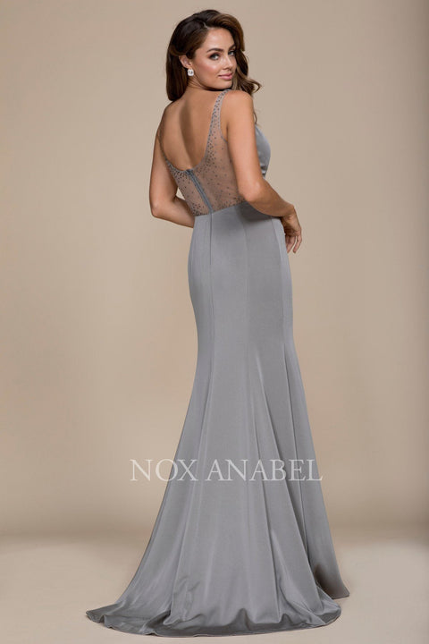 Long V-Neck Illusion Dress with Beads Back by Nox Anabel C001