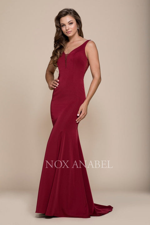 Long V-Neck Illusion Dress with Beads Back by Nox Anabel C001
