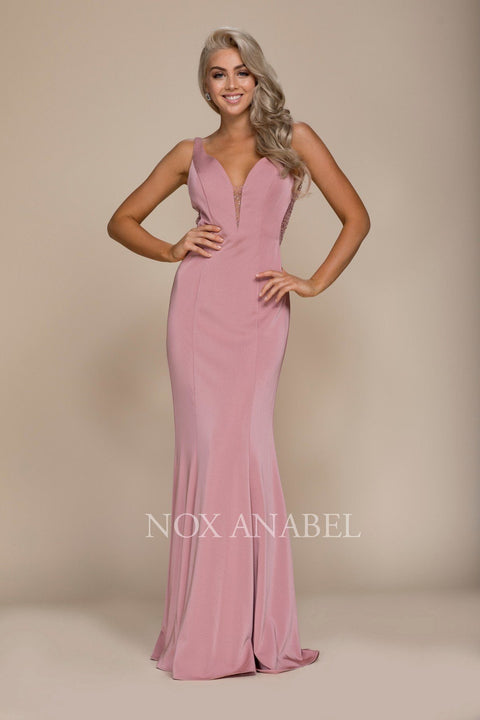 Long V-Neck Illusion Dress with Beads Back by Nox Anabel C001