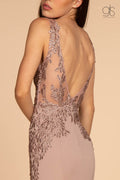 Elizabeth K GL2614's Long V-Neck Dress with Embroidered Bodice