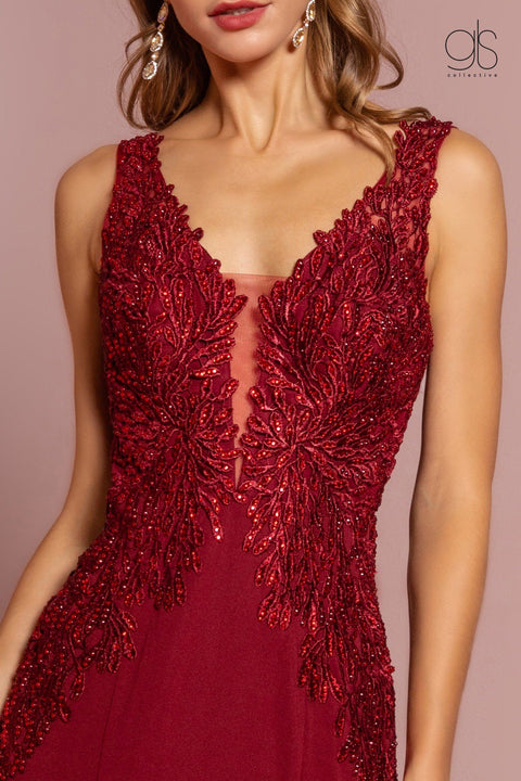 Elizabeth K GL2614's Long V-Neck Dress with Embroidered Bodice