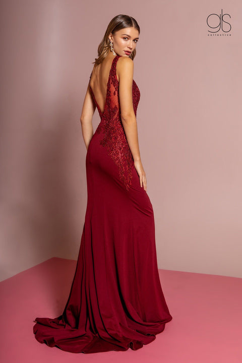 Elizabeth K GL2614's Long V-Neck Dress with Embroidered Bodice