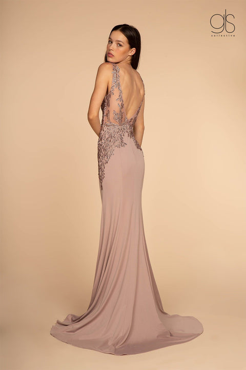 Long V-Neck Dress with Embroidered Bodice by Elizabeth K GL2614