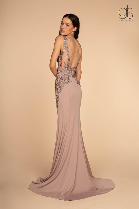 Elizabeth K GL2614's Long V-Neck Dress with Embroidered Bodice