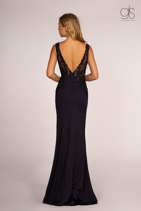 Elizabeth K GL2614's Long V-Neck Dress with Embroidered Bodice