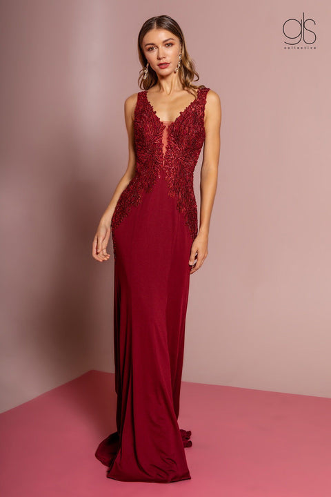 Elizabeth K GL2614's Long V-Neck Dress with Embroidered Bodice