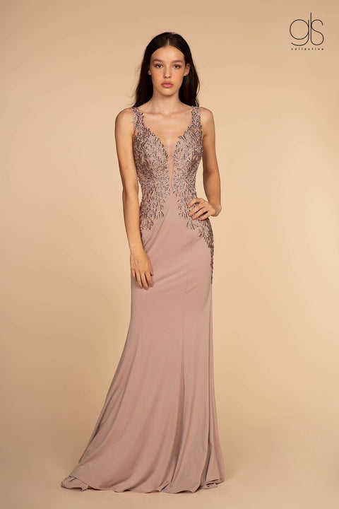 Elizabeth K GL2614's Long V-Neck Dress with Embroidered Bodice