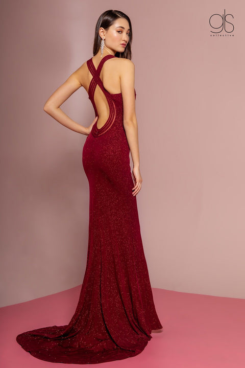 Elizabeth K GL2704's Glittering Long V-Neck Dress with Back Cut Out