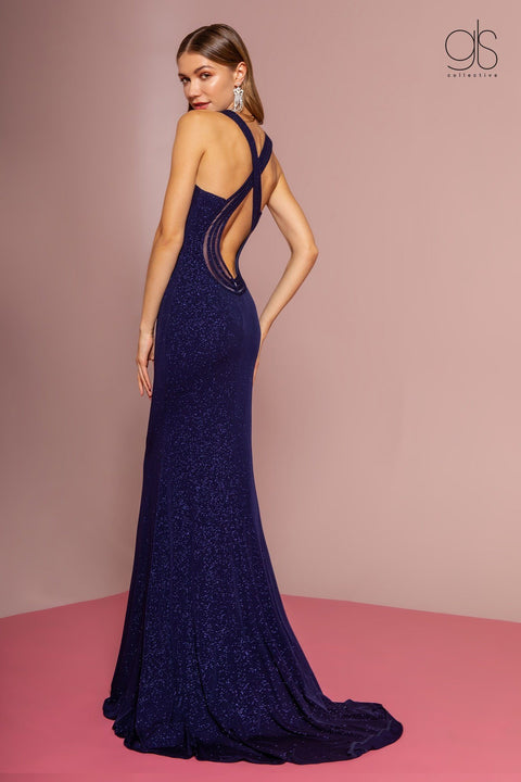Elizabeth K GL2704's Glittering Long V-Neck Dress with Back Cut Out