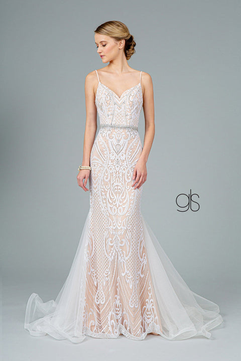 Long V-Neck Glitter Mesh Mermaid Dress by Elizabeth K GL2930