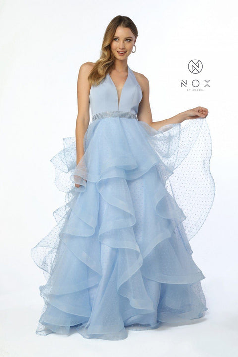 Long Halter V-Neck Dress with Dotted Tiered Skirt by Nox Anabel T256