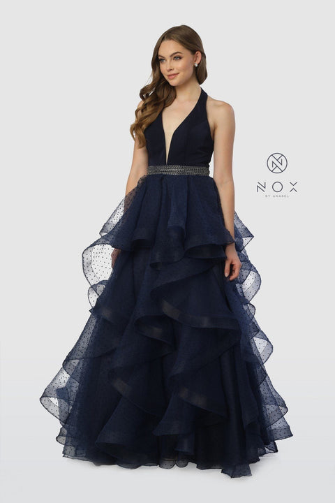 Long Halter V-Neck Dress with Dotted Tiered Skirt by Nox Anabel T256