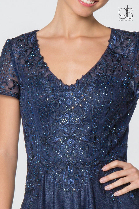 Long V-Neck Lace Bodice Dress with Short Sleeves by Elizabeth K GL2829
