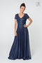 Long V-Neck Lace Bodice Dress with Short Sleeves by Elizabeth K GL2829