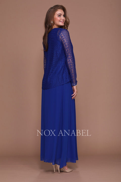 Long V Neck Lace Jacket Dress by Nox Anabel 5140