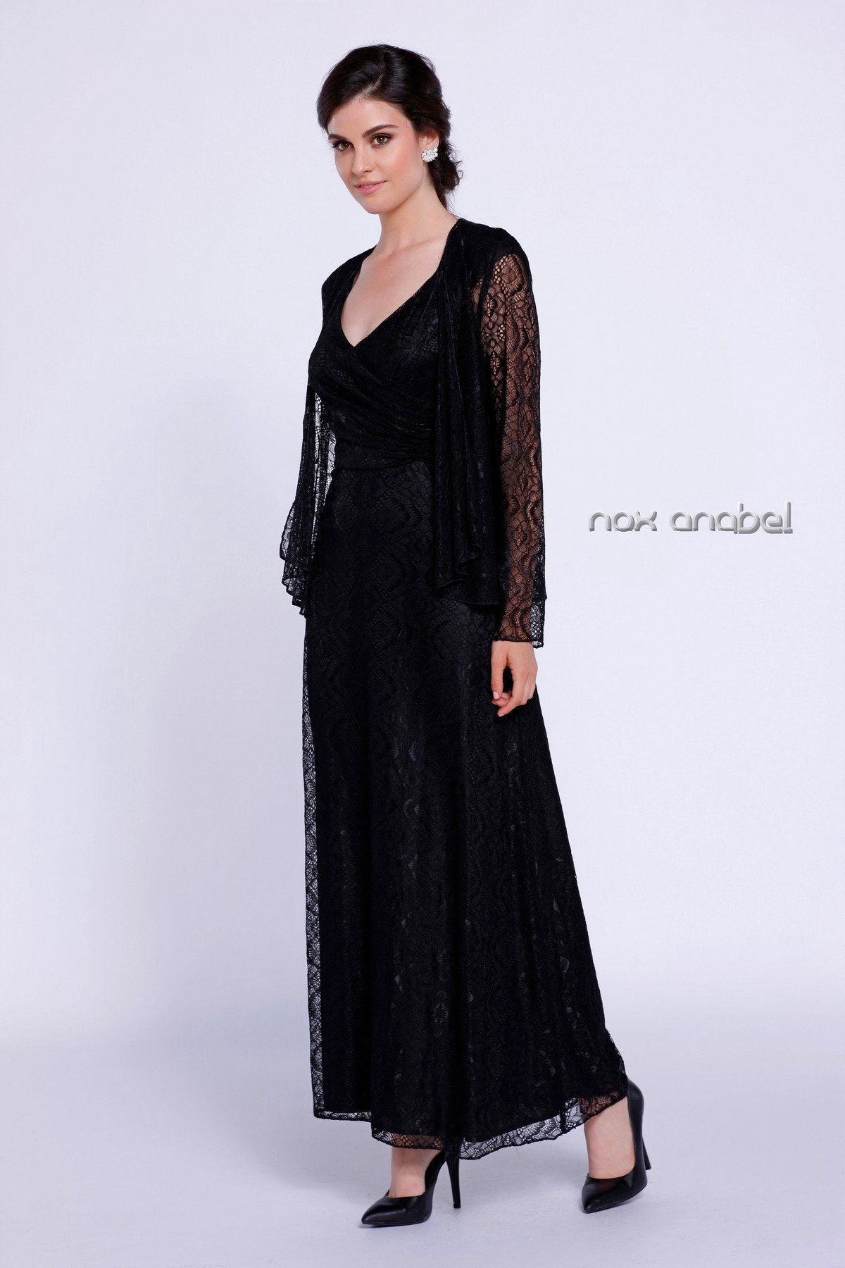 long evening dresses with jackets Long V Neck Lace Jacket Dress by Nox Anabel 5140– sheerdreamz