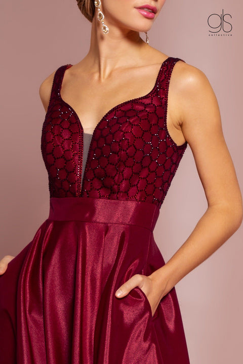 Long V-Neck Satin Dress with Beaded Bodice by Elizabeth K GL2705