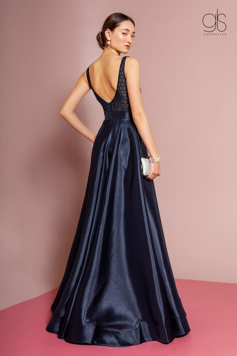 Long V-Neck Satin Dress with Beaded Bodice by Elizabeth K GL2705