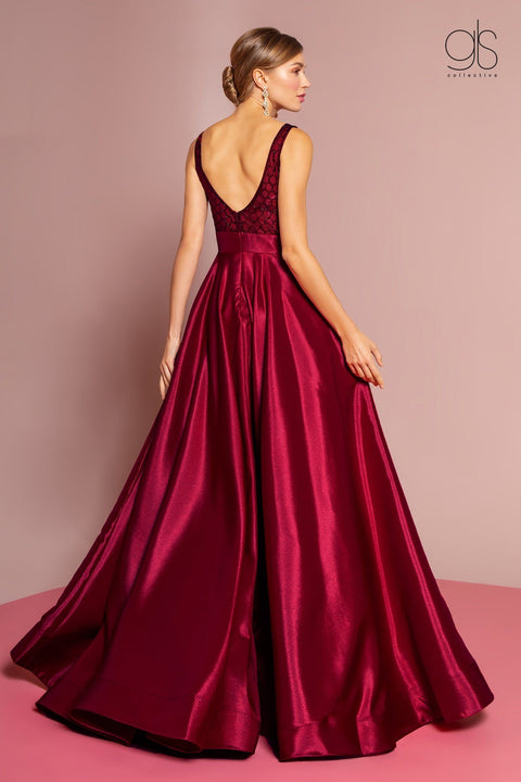 Long V-Neck Satin Dress with Beaded Bodice by Elizabeth K GL2705