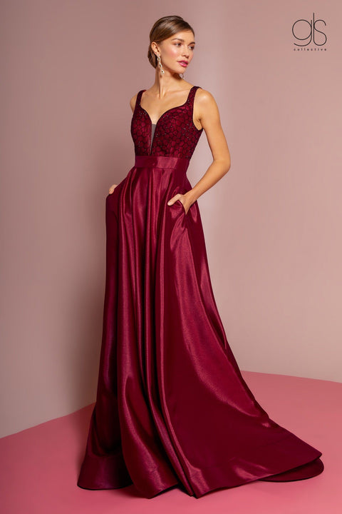 Long V-Neck Satin Dress with Beaded Bodice by Elizabeth K GL2705