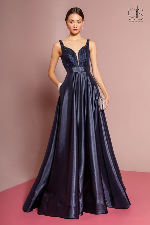 Long V-Neck Satin Dress with Beaded Bodice by Elizabeth K GL2705