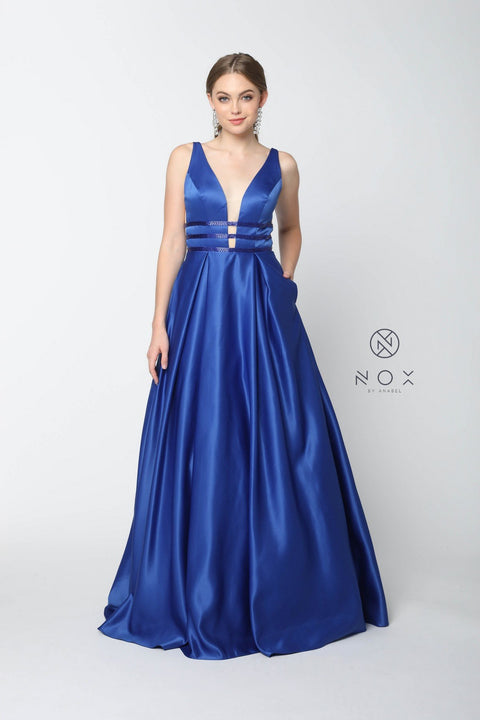Classical V-Neck Triple Waistband Sleeveless Satin Prom Gown M130 by Nox Anabel