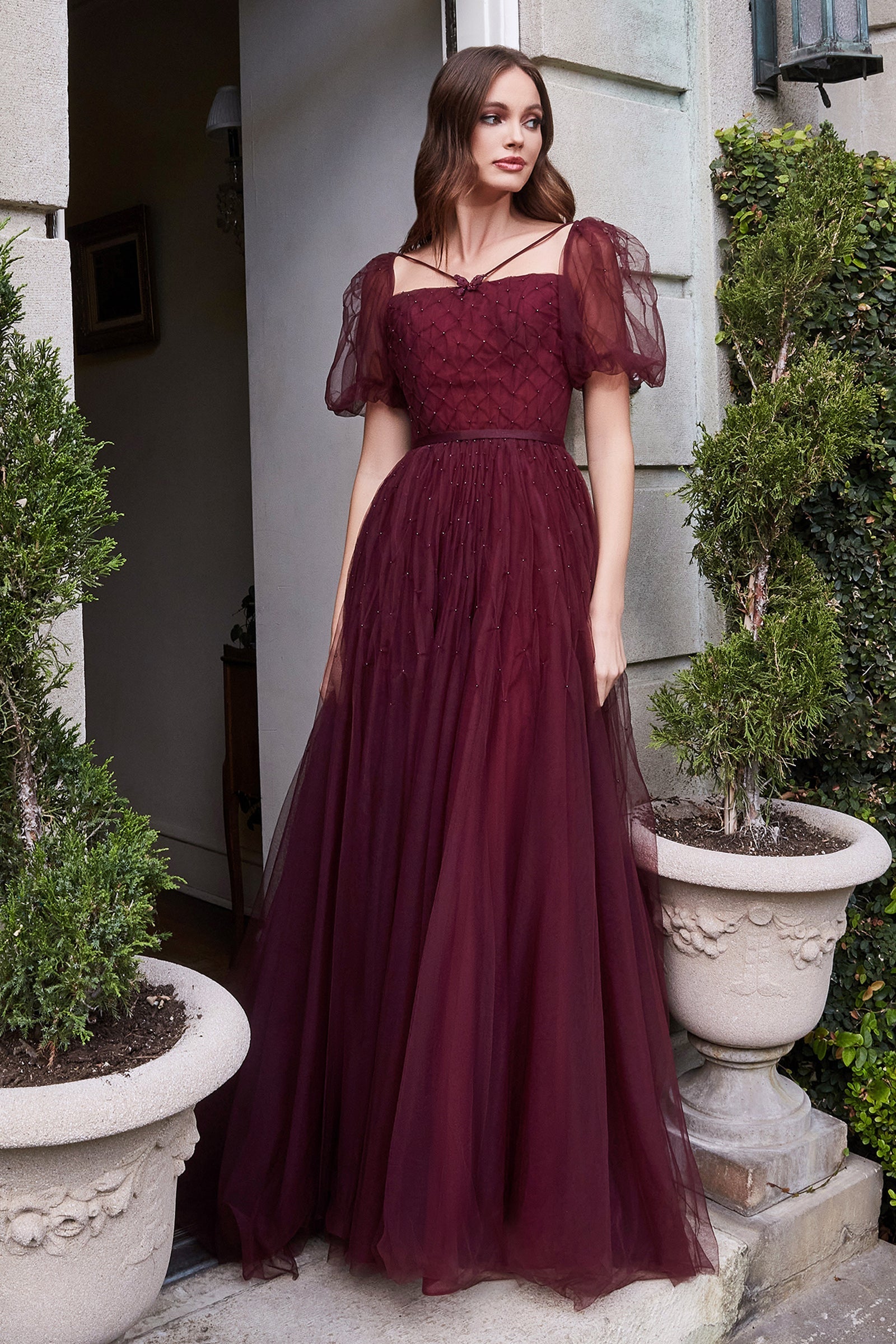 cinderella divine burgundy dress LaDivine by Cinderella Divine Burgundy Off-Shoulder Ruched Satin Forma –  Unique Vintage main image 1