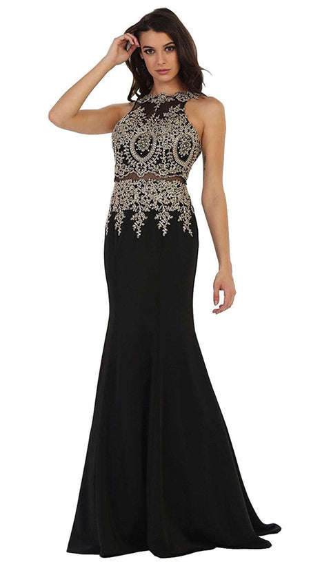 Gilt Embroidered Illusion Trumpet Prom Gown - May Queen
