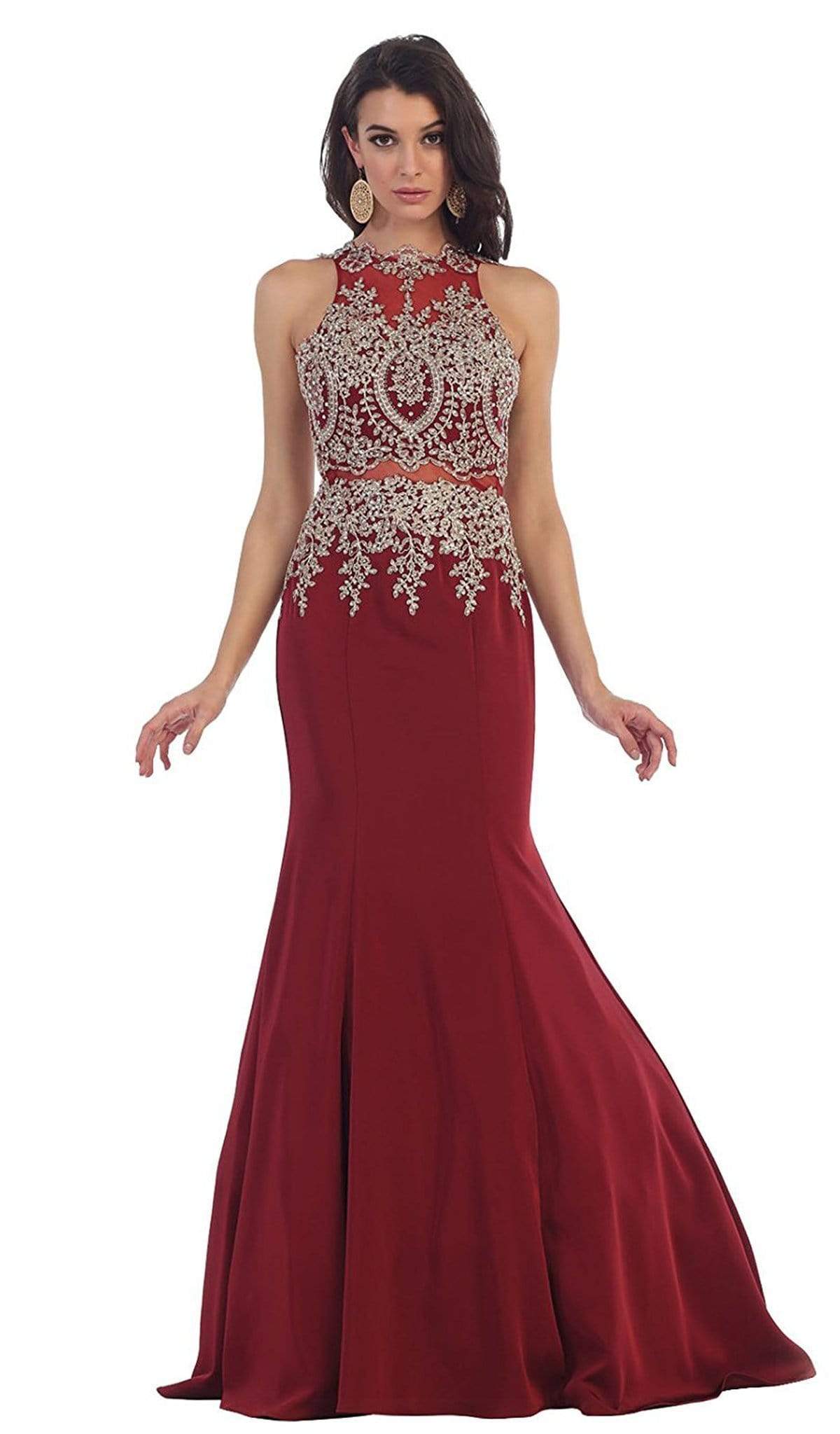 open lace back dress Custom Made A Line 2 Pieces High Neck Red Prom Dress, Red 2 Pieces Gra –  jbydress main image 0