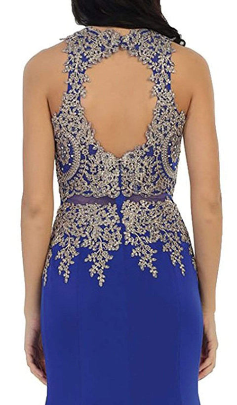 Gilt Embroidered Illusion Trumpet Prom Gown - May Queen